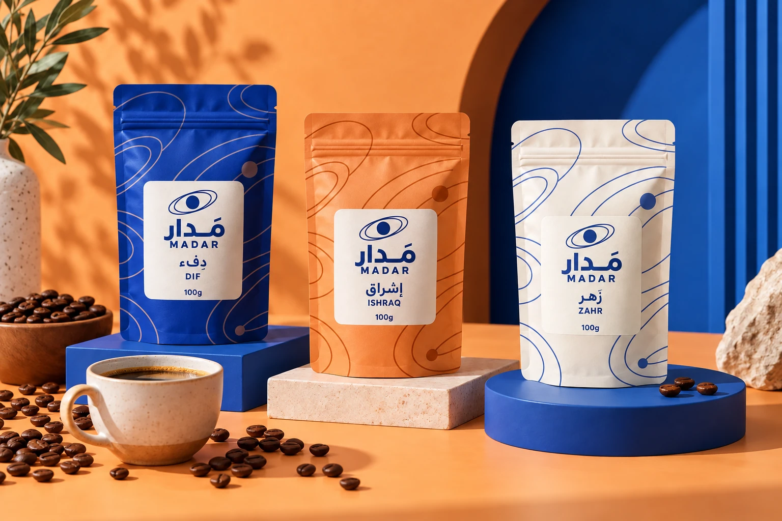 ثلاث عبوات مَدار تحمل الشعار العربي والإنجليزي وباترن المدارات، بألوان أزرق وبرتقالي وعاجي